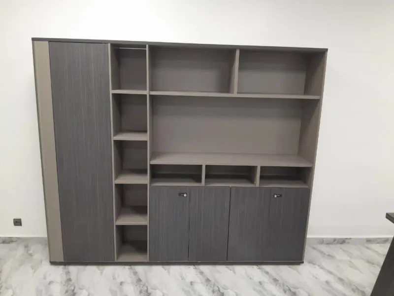 Meuble de Rangement de Bureau – Bibliothèque Grise avec Niches & Placards