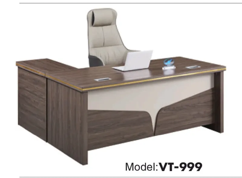 Bureau de Direction en L VT-999 – Bois Noyer & Panneau Crème