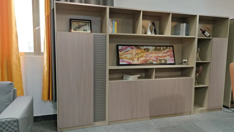 Meuble de Rangement de Bureau – Bibliothèque Beige avec Niches & Rideau