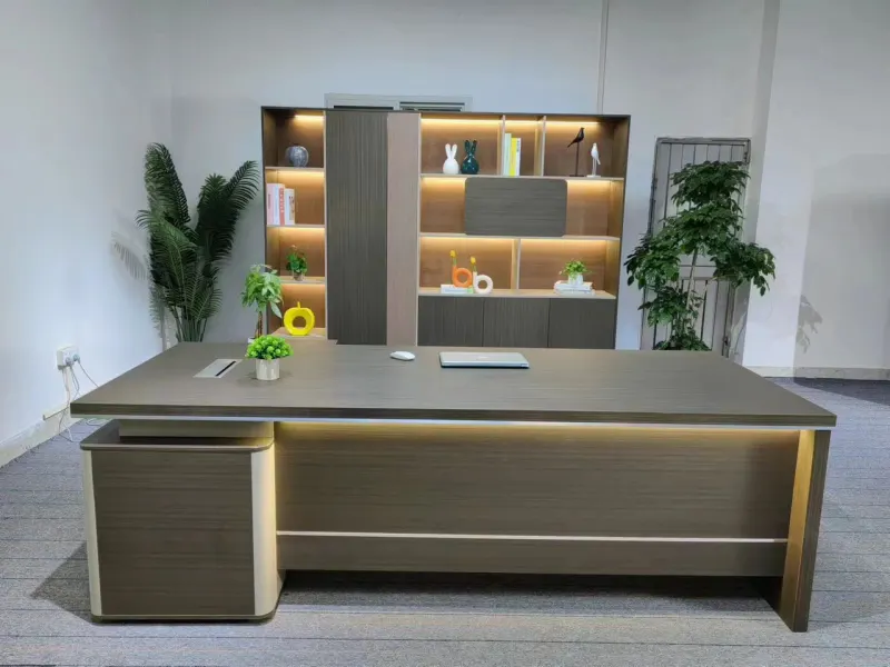 Ensemble Bureau de Direction Ton Champagne – Bureau en L + Bibliothèque Murale