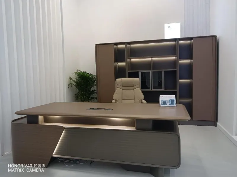 Ensemble Bureau de Direction Bois Foncé LED – Bureau en L + Bibliothèque Éclairée