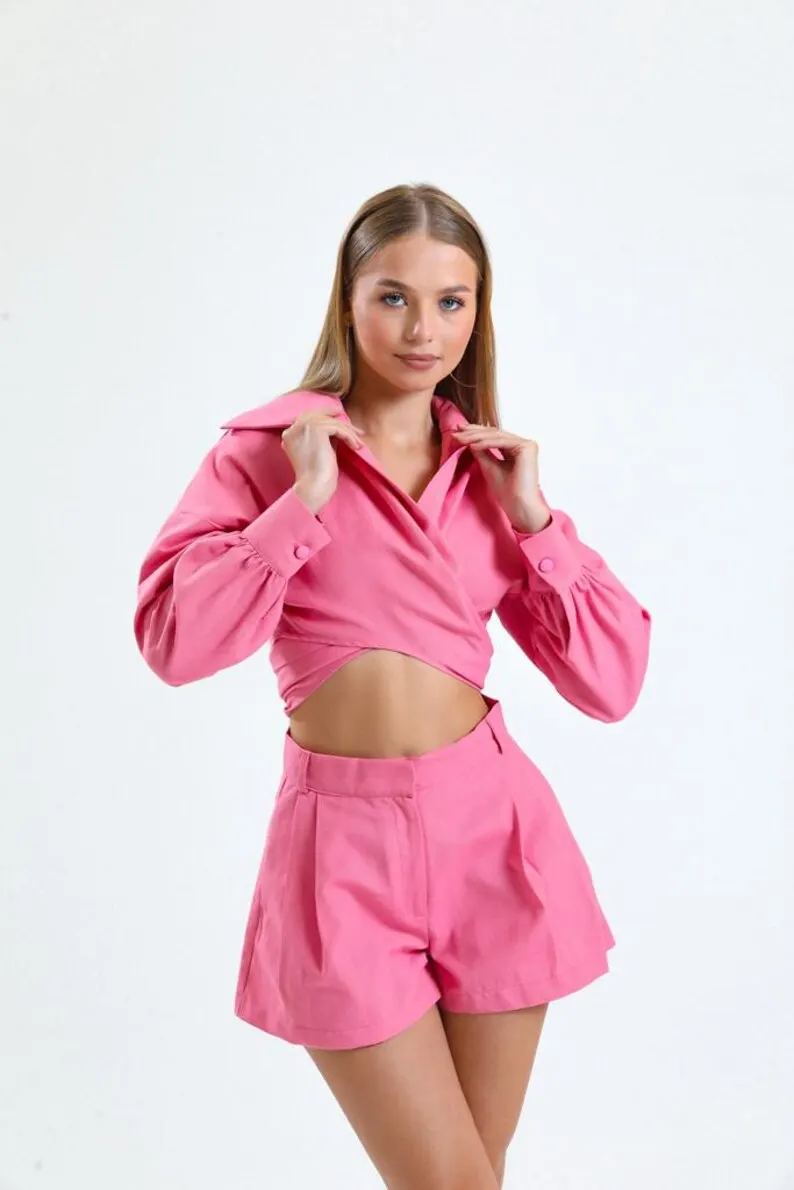 Ensemble t-shirt blanc short rose coordonné