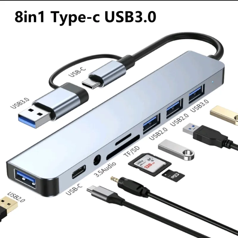 Hub USB-C 8-en-1 avec USB 3.0, Lecteur SD, Audio – photo 1