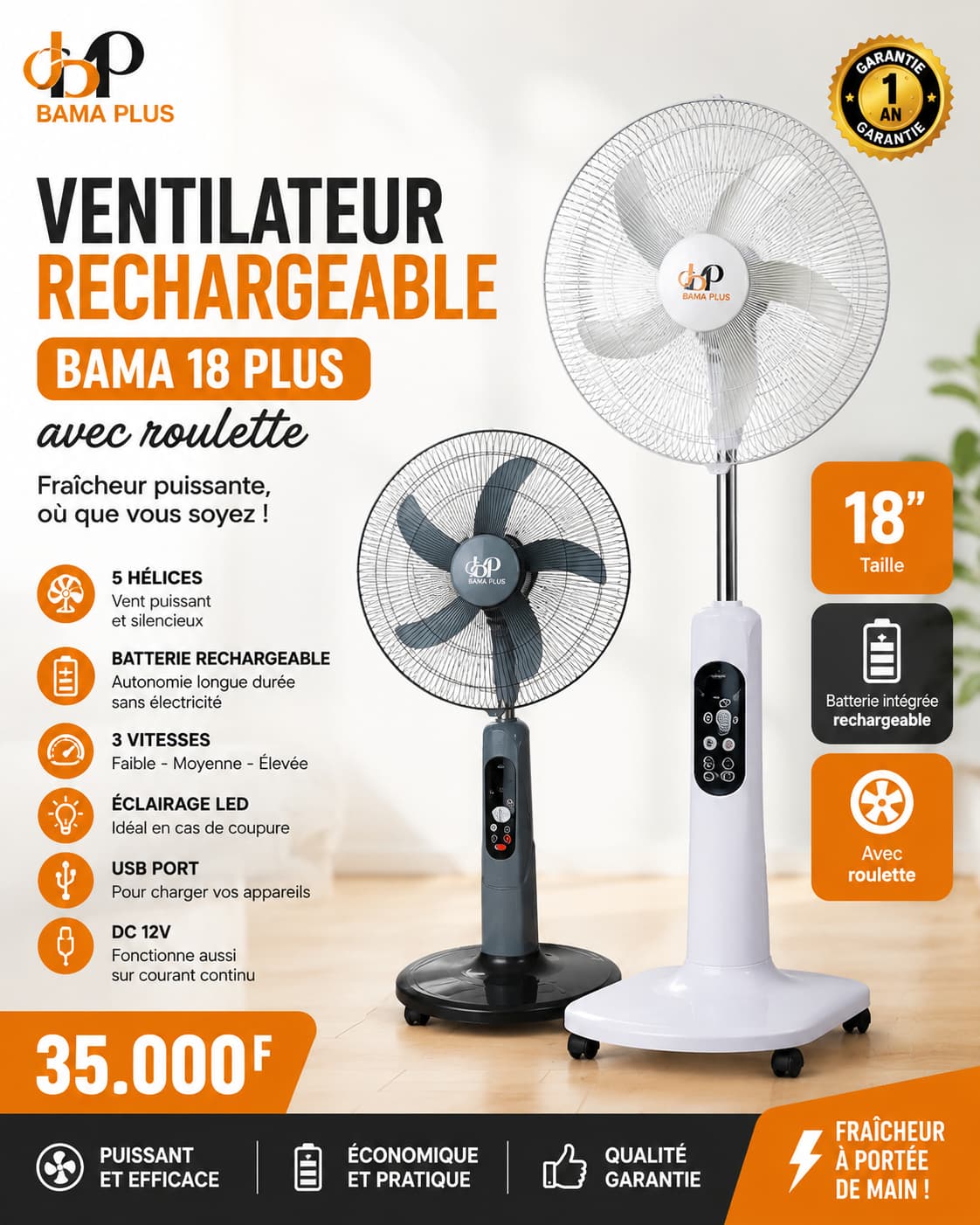 Bama18 Ventilateur Rechargeable BAMA Plus 18" avec Roulettes – Image 1