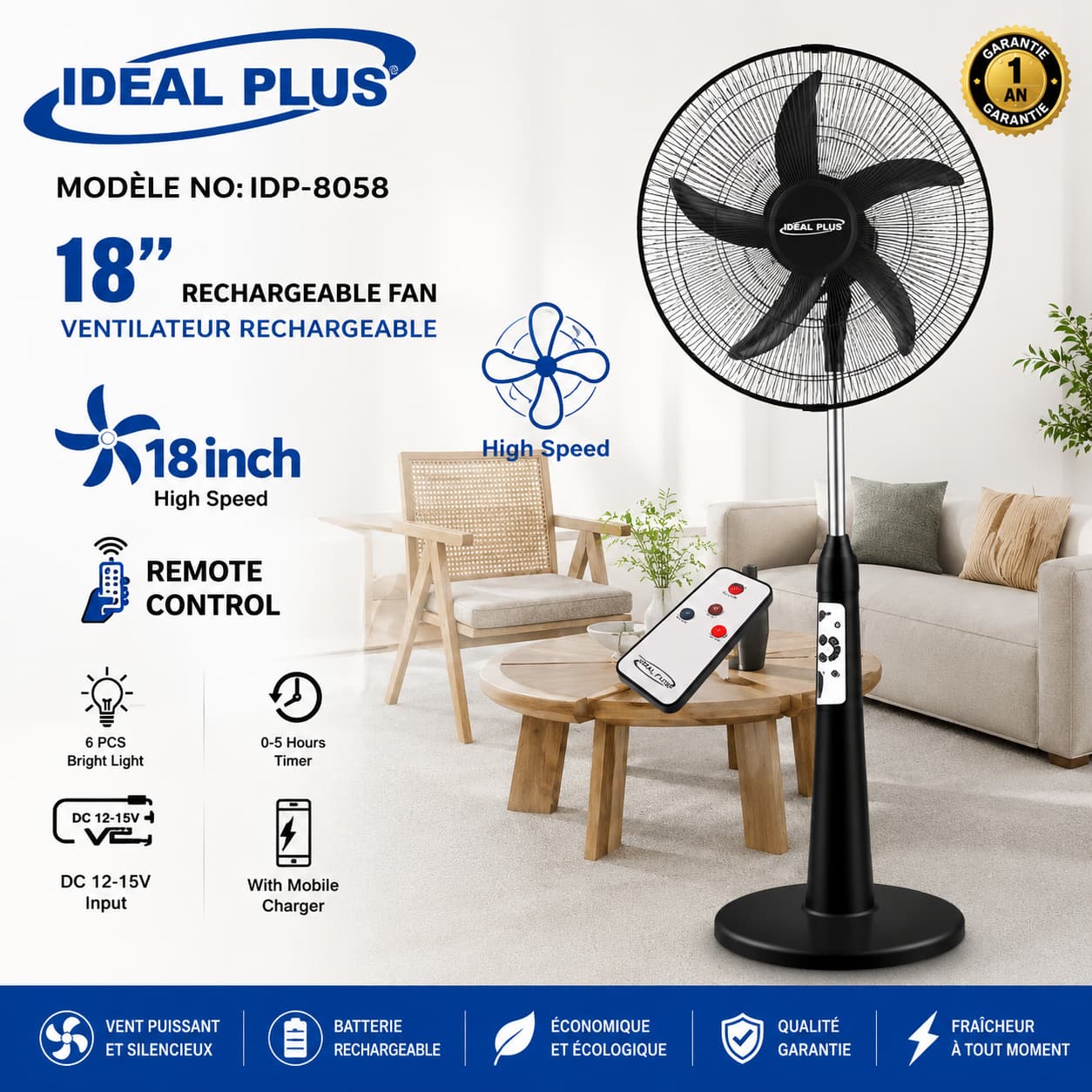 Ventilateur rechargeable dans un salon moderne Ventilateur Ideal Plus 18" Rechargeable IDP-8058