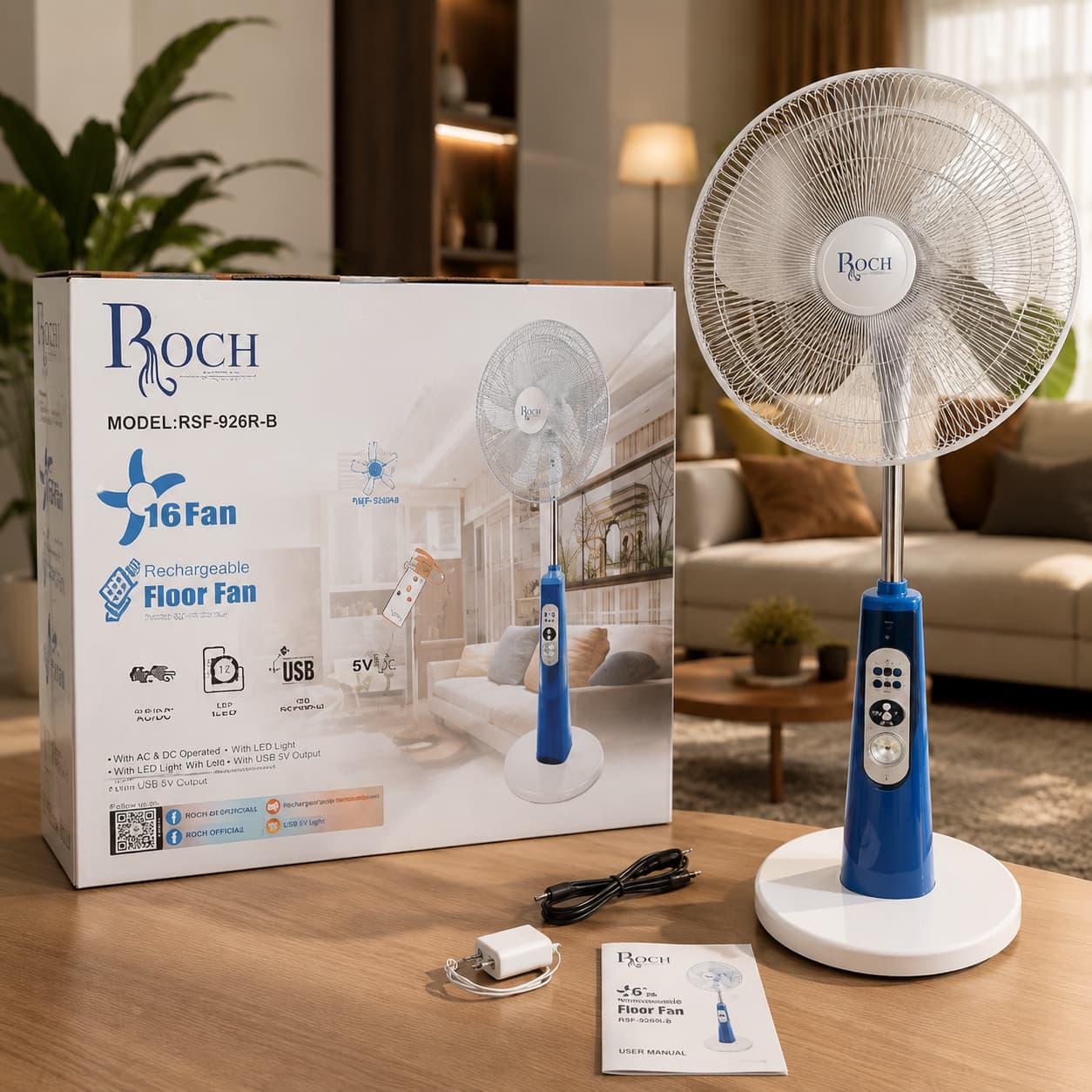 Ventilateur rechargeable dans un salon moderne1 Ventilateur Rechargeable Roch 16" RSF-926R-B – Image 1