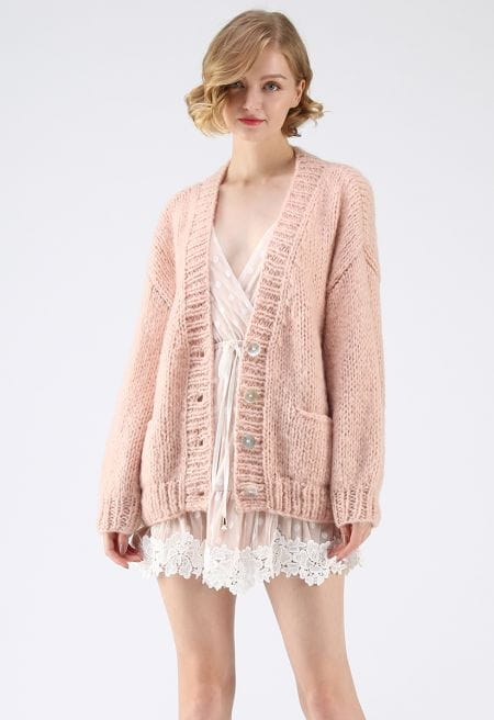 Gilet épais rose clair pour femme Gilet ample rose clair en maille épaisse avec boutons
