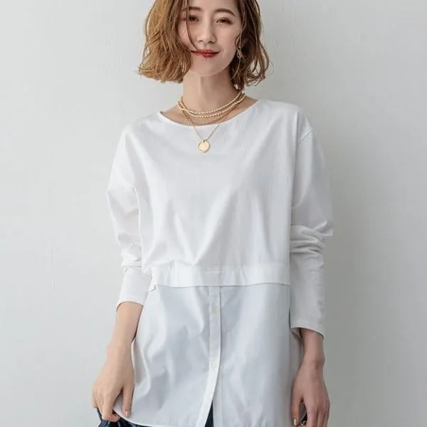 Haut blanc pour femme avec effet de superposition t-shirt et blouse
