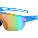 Lunettes de cyclisme avec verre miroir arc-en-ciel et monture bleue