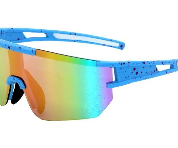Lunettes de cyclisme avec verre miroir arc-en-ciel et monture bleue