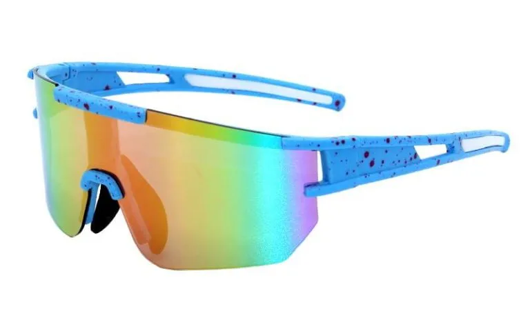 Lunettes de cyclisme avec verre miroir arc-en-ciel et monture bleue