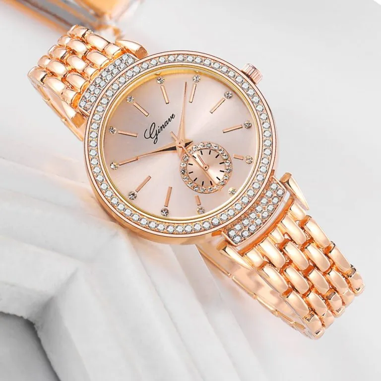 Montre femme analogique or rose avec cadran serti de cristaux