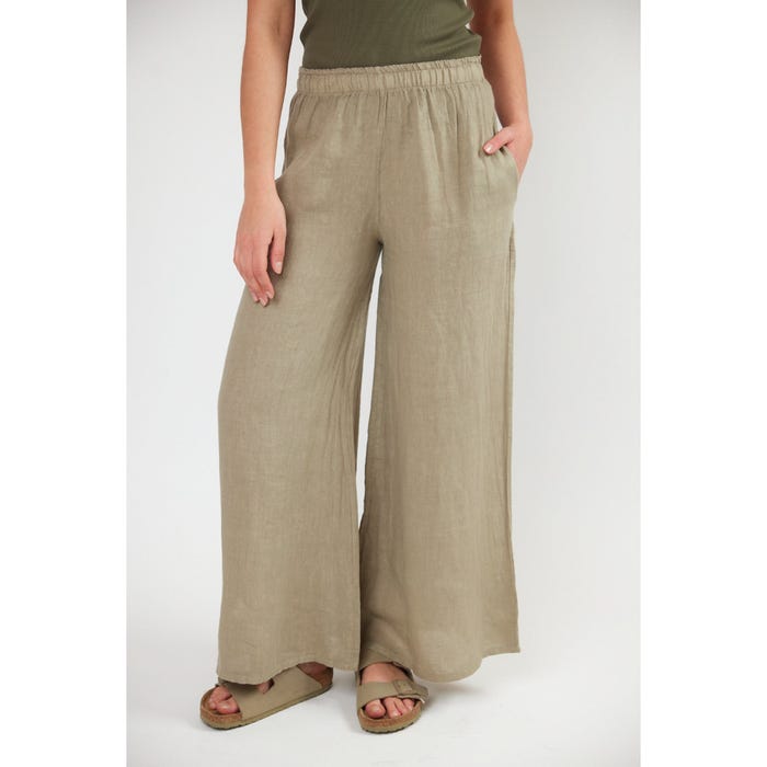 Pantalon ample beige en lin Pantalon décontracté beige à jambes larges et taille élastique