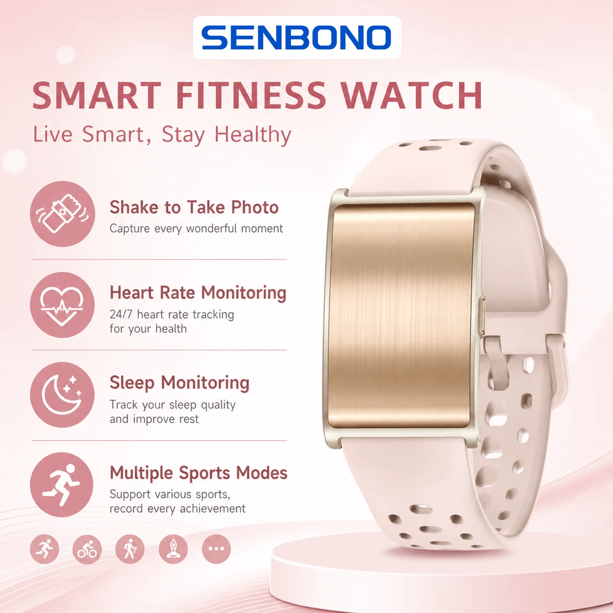 Bracelet connecté SENBONO SM-514266629 Bracelet connecté SENBONO avec suivi de la fréquence cardiaque et du sommeil