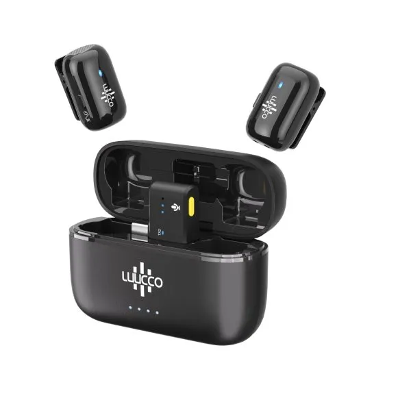 Deux microphones cravate sans fil avec boîtier de charge USB-C