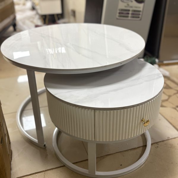 Lot de 2 Tables Gigognes Rondes – Plateau Effet Marbre & Tiroir Cannelé