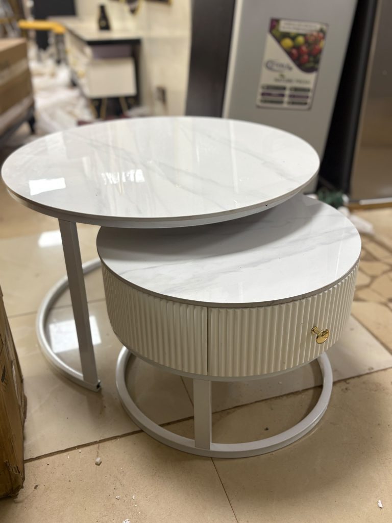 Lot de 2 Tables Gigognes Rondes – Plateau Effet Marbre & Tiroir Cannelé