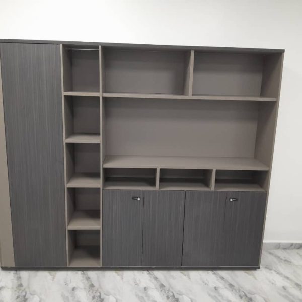 Meuble de Rangement de Bureau – Bibliothèque Grise avec Niches & Placards