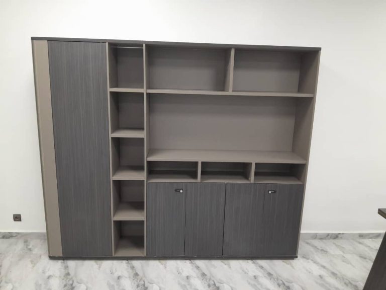 Meuble de Rangement de Bureau – Bibliothèque Grise avec Niches & Placards