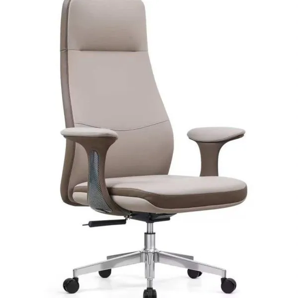 Fauteuil de Direction Cuir Beige & Taupe – Haut Dossier Ergonomique