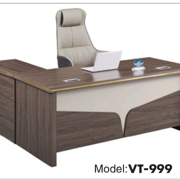 Bureau de Direction en L VT-999 – Bois Noyer & Panneau Crème