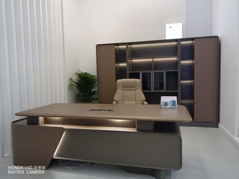 Ensemble Bureau de Direction Bois Foncé LED – Bureau en L + Bibliothèque Éclairée