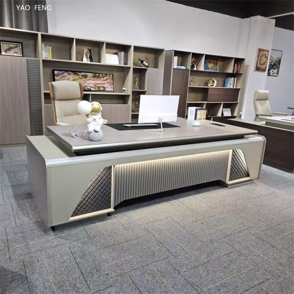Bureau de Direction Prestige en L – Design Luxe Gris & Cuir Capitonné