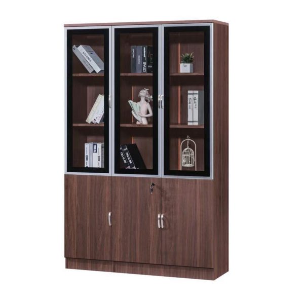 Bibliothèque de Bureau 3 Portes Vitrées – Bois Noyer
