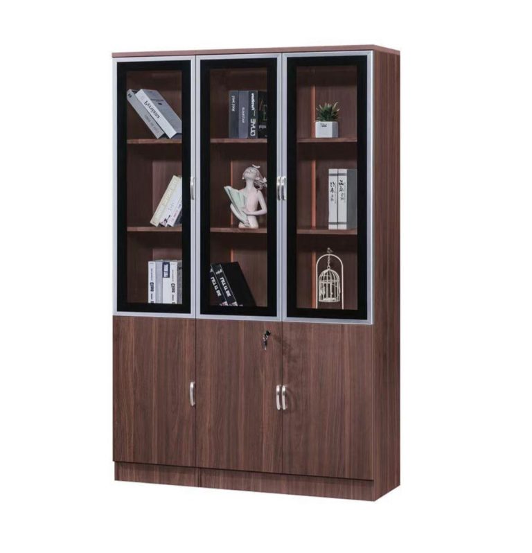 Bibliothèque de Bureau 3 Portes Vitrées – Bois Noyer