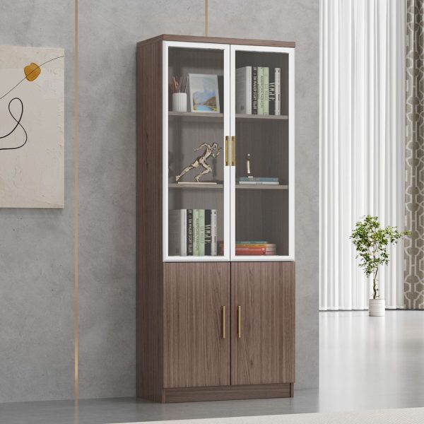 Bibliothèque de Bureau 2 Portes Vitrées – Bois Noyer & Blanc