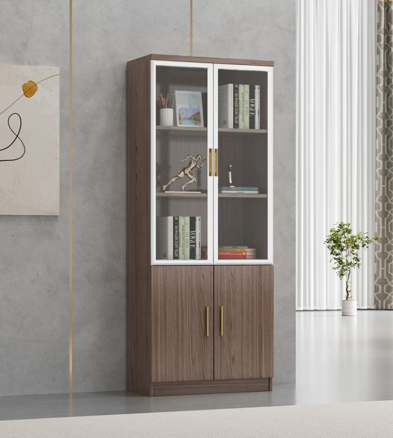 Bibliothèque de Bureau 2 Portes Vitrées – Bois Noyer & Blanc