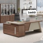 Bureau de Direction en L 1m60 – Noyer & Panneau Crème + Bibliothèque 2 Corps