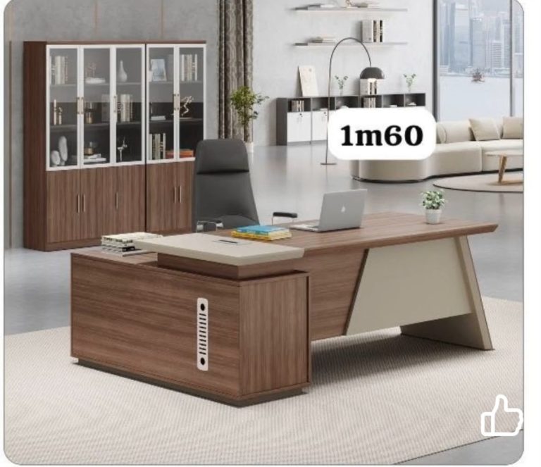 Bureau de Direction en L 1m60 – Noyer & Panneau Crème + Bibliothèque 2 Corps