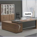 Bureau de Direction en L 1m60 – Noyer & Anthracite, Motif Flèche + Bibliothèque