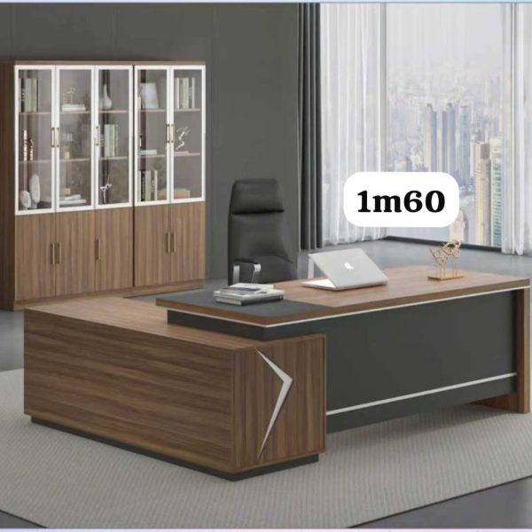 Bureau de Direction en L 1m60 – Noyer & Anthracite, Motif Flèche + Bibliothèque
