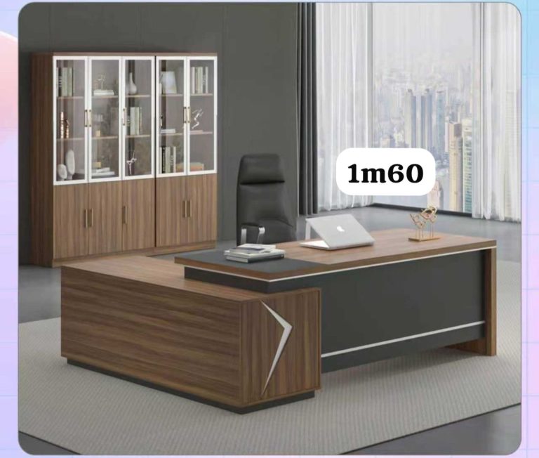Bureau de Direction en L 1m60 – Noyer & Anthracite, Motif Flèche + Bibliothèque