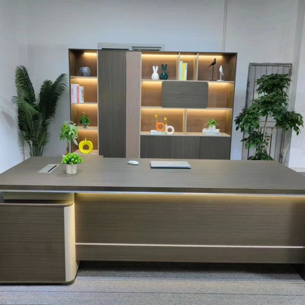 Ensemble Bureau de Direction Ton Champagne – Bureau en L + Bibliothèque Murale