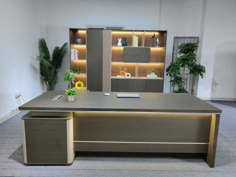 Ensemble Bureau de Direction Ton Champagne – Bureau en L + Bibliothèque Murale