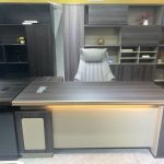 Bureau de Direction en L Gris Anthracite & Crème – Éclairage LED Intégré
