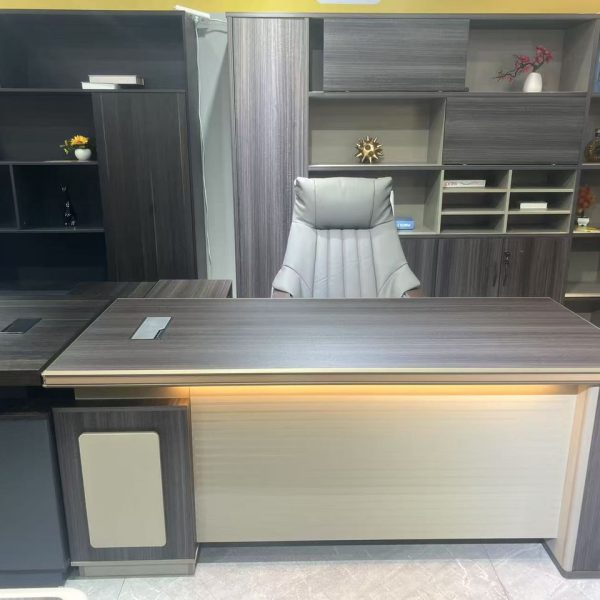 Bureau de Direction en L Gris Anthracite & Crème – Éclairage LED Intégré