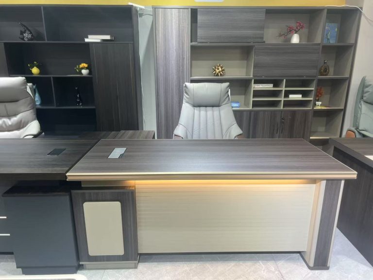 Bureau de Direction en L Gris Anthracite & Crème – Éclairage LED Intégré