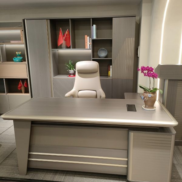 Bureau de Direction en L Gris Anthracite & Crème – Éclairage LED Intégré, vue 2
