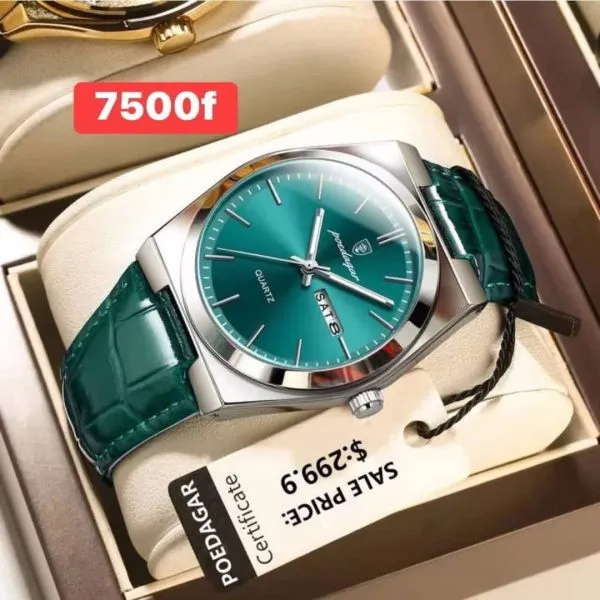 Montre homme POEDAGAR verte avec bracelet vert aspect cuir