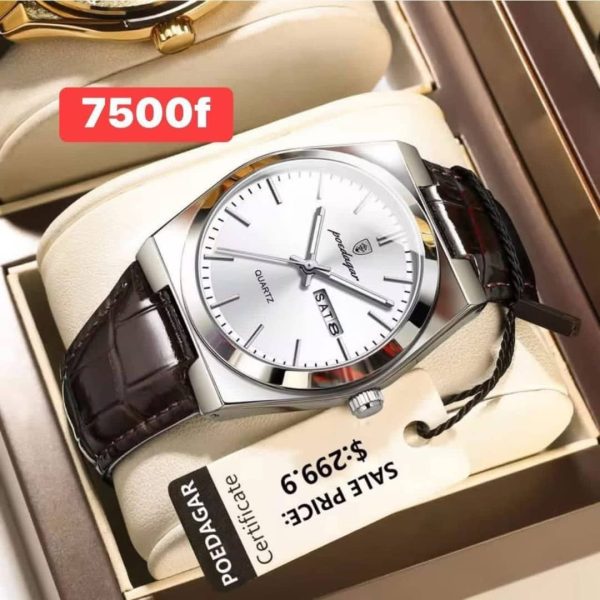 Montre homme POEDAGAR blanche avec bracelet brun aspect cuir