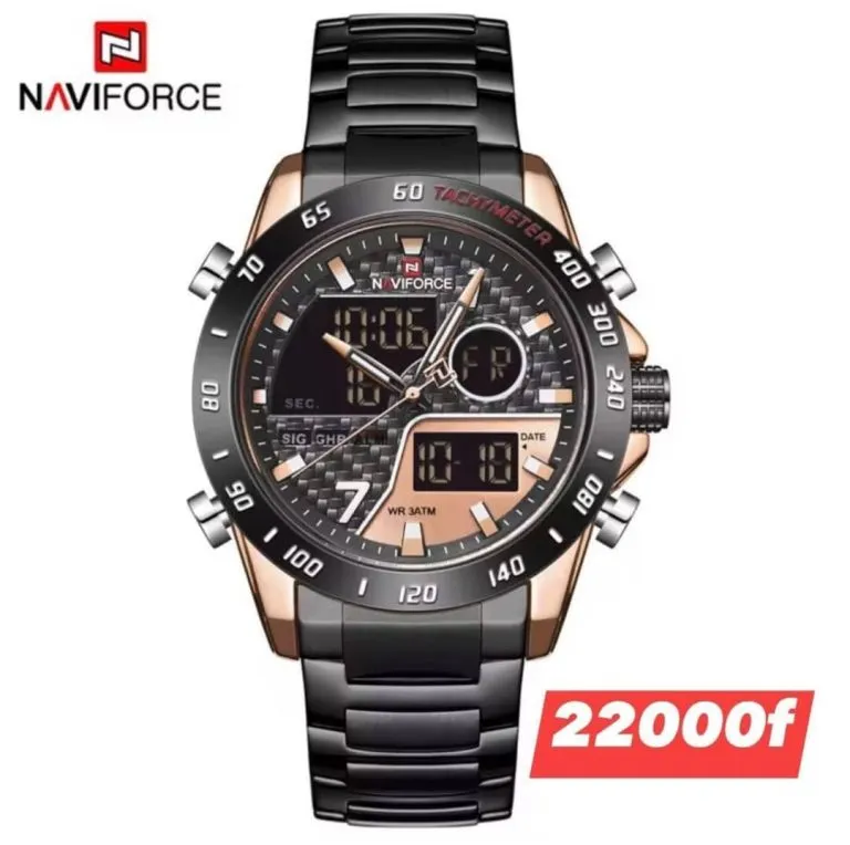 Montre NAVIFORCE tachymètre noire et or rose