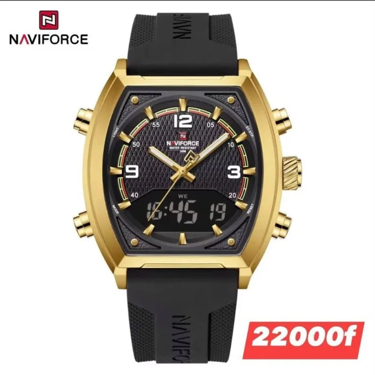 Montre homme NAVIFORCE dorée et noire vue de face