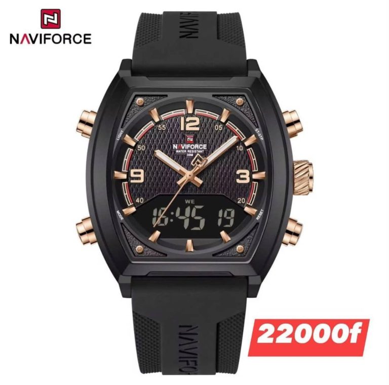 Montre homme NAVIFORCE noire et or rose vue de face