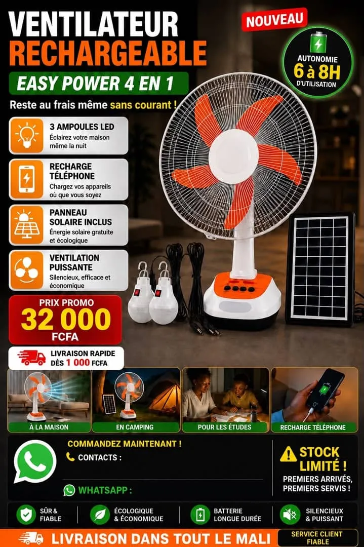 Ventilateur rechargeable solaire 4-en-1 avec panneau et ampoules LED