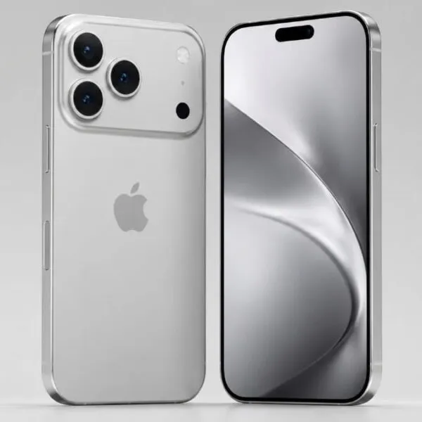 iPhone 18 Pro Max argent face et dos – rendu conceptuel non officiel