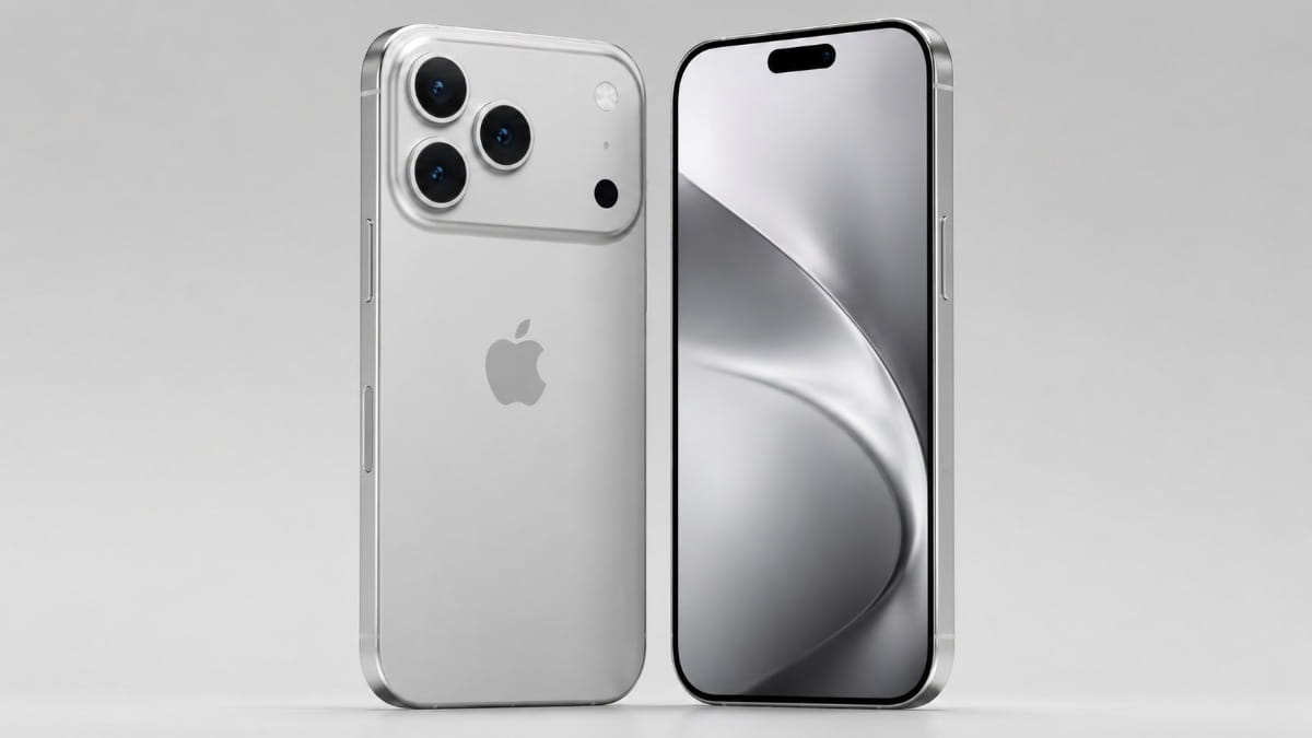 iPhone 18 Pro Max face et dos – rendu conceptuel iPhone 18 Pro Max argent face et dos – rendu conceptuel non officiel